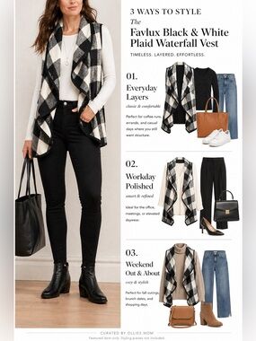 Favlux Black & White Plaid Waterfall Charlie Vest Large Open Front Drape Jacket